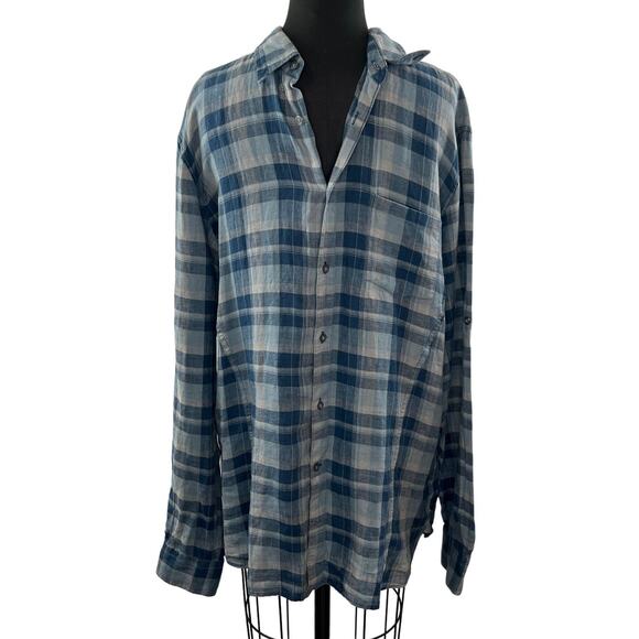 JOHN VARVATOS Blue Gray Plaid Linen Button-Down Collared Pocket Shirt Top Size L - Picture 1 of 8
